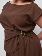 Boat Neck Ruched Metal Detail Wide Leg Jumpsuit Curve & Plus