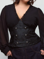 Jacquard Floral V-neck Lantern Sleeve Metal Detail Corset Blouse Curve & Plus