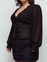 Jacquard Floral V-neck Lantern Sleeve Metal Detail Corset Blouse Curve & Plus