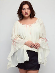 Textured Chiffon Scoop Neck Ruffle Sleeve Ruched Bowknot Blouse Curve & Plus