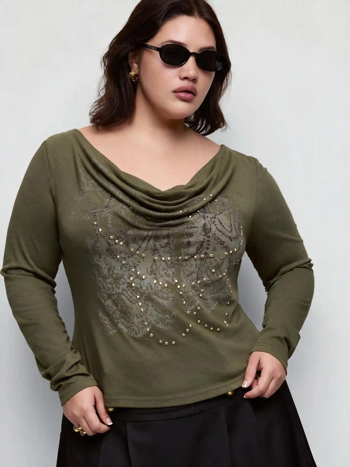 Cotton-blend Graphic Cowl Neck Metal Detail Ruched Top Curve & Plus