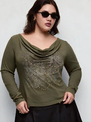 Cotton-blend Graphic Cowl Neck Metal Detail Ruched Top Curve & Plus