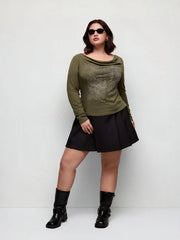 Cotton-blend Graphic Cowl Neck Metal Detail Ruched Top Curve & Plus