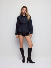 Denim Washed Peplum Hem Long Sleeve Blouse