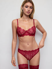 Lace V-neck Sheer Lettuce Trim Mid Rise Lingerie Set