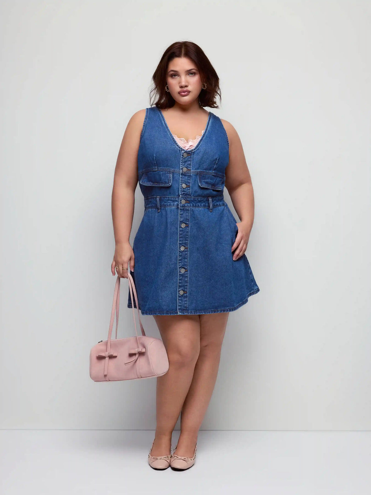 Cider Denim V-Neck Metal Detail Oversized A-line Mini Dress Curve & Plus