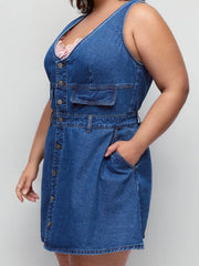 Cider Denim V-Neck Metal Detail Oversized A-line Mini Dress Curve & Plus