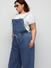 Denim Washed Square Neck Bowknot Belted Wide Leg Jumpsuit Curve & Plus