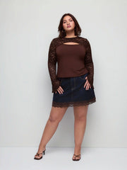 Stretch Denim Mid Rise Lace Trim Metal Detail A Line Mini Skirt Curve & Plus