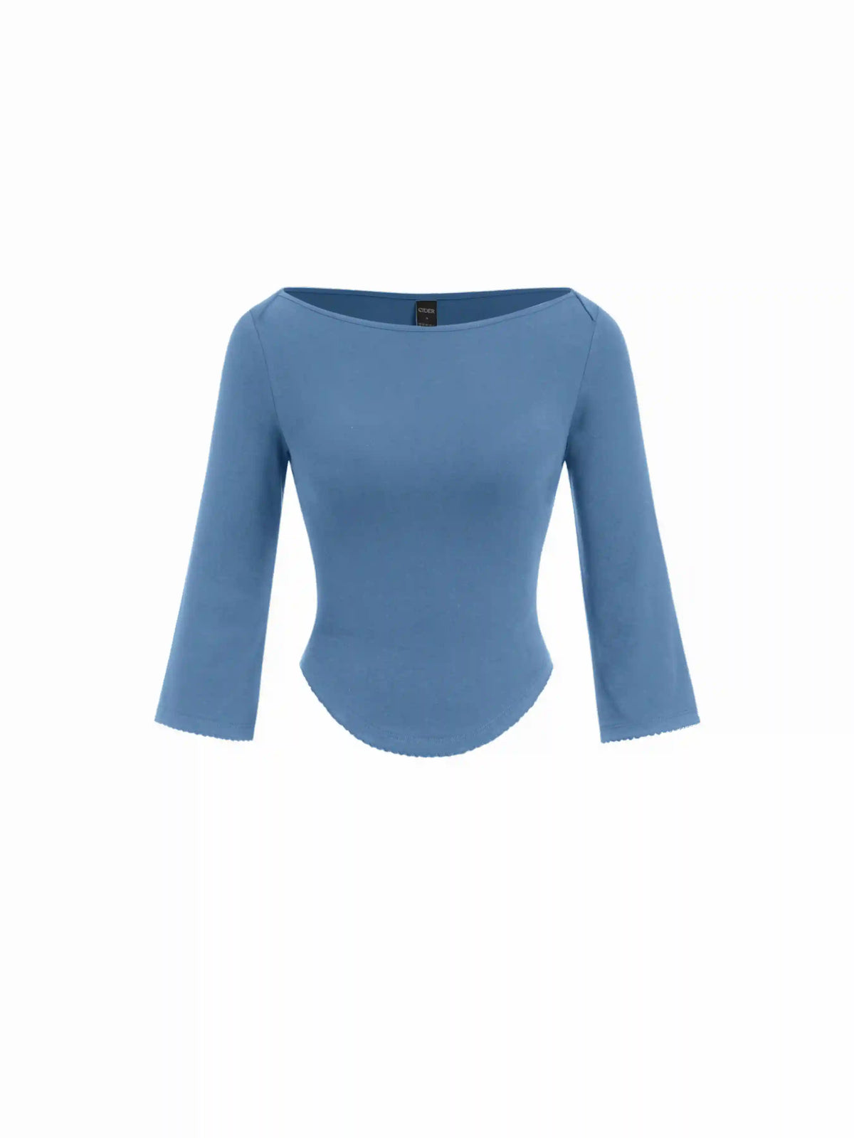 Knit Fabric Boat Neck Curved-Hem 3/4 Long Sleeve Tee