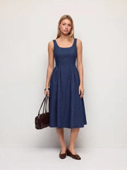 Denim Square Neck Washed Ruched A-line Midi Dress