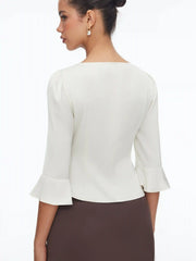 Satin Scoop Neck Ruffle Sleeve Drawstring Blouse