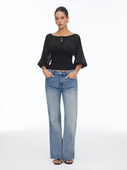 Textured Boat Neck Lantern Sleeve Ruched Bowknot Blouse