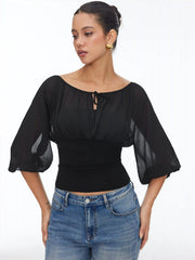 Textured Boat Neck Lantern Sleeve Ruched Bowknot Blouse