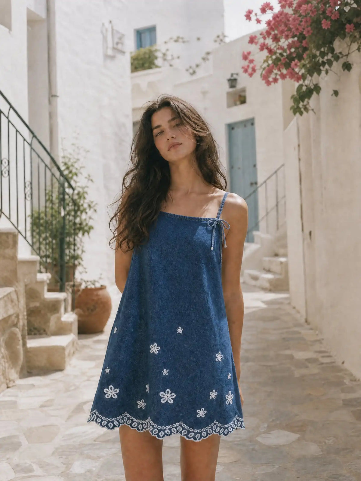 Denim Floral Embroidery Bowknot Oversized A-line Mini Dress