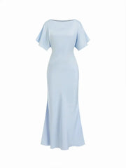 Satin Boat Neck Batwing Sleeve Bowknot Mermaid Maxi Dress