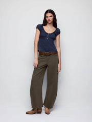 Cotton-blend Scoop Neckline Puff Sleeve Ruched Lace Trim Blouse