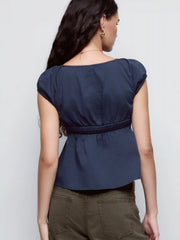 Cotton-blend Scoop Neckline Puff Sleeve Ruched Lace Trim Blouse