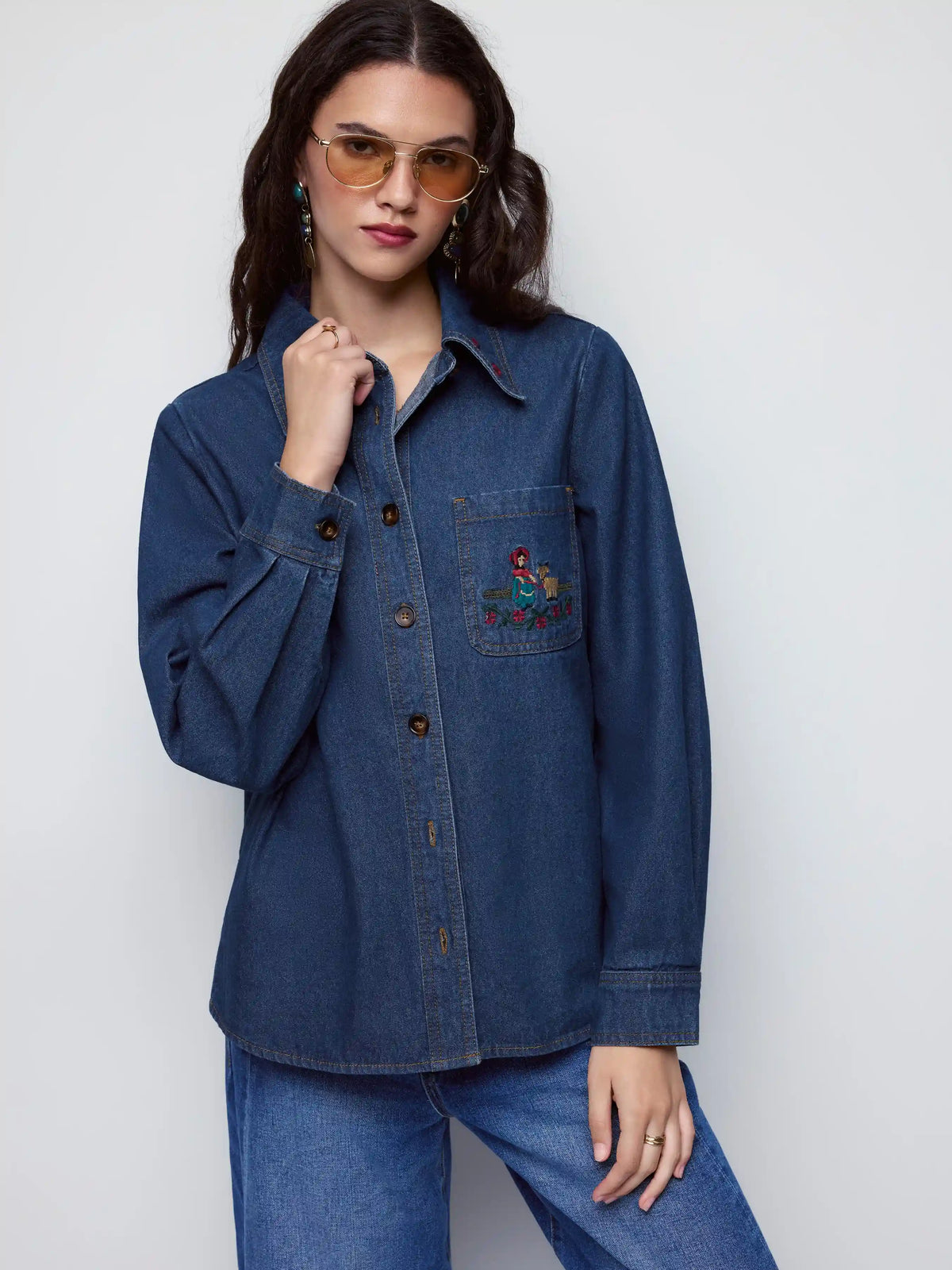 Denim Floral Embroidery Oversized Shirt
