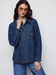 Denim Floral Embroidery Oversized Shirt