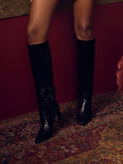 POINTED TOE CHUNKY HEEL KNEE HIGH BOOTS